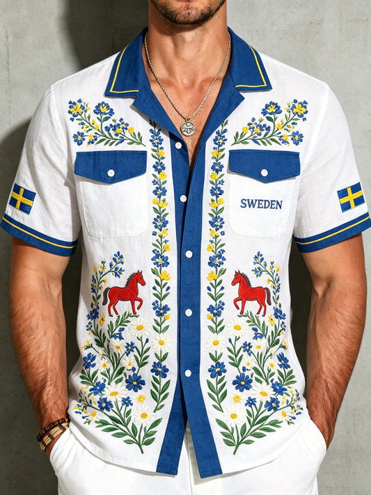 Men's cotton-linen shirt with midsummer floral pattern