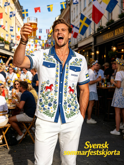 Men's cotton-linen shirt with midsummer floral pattern