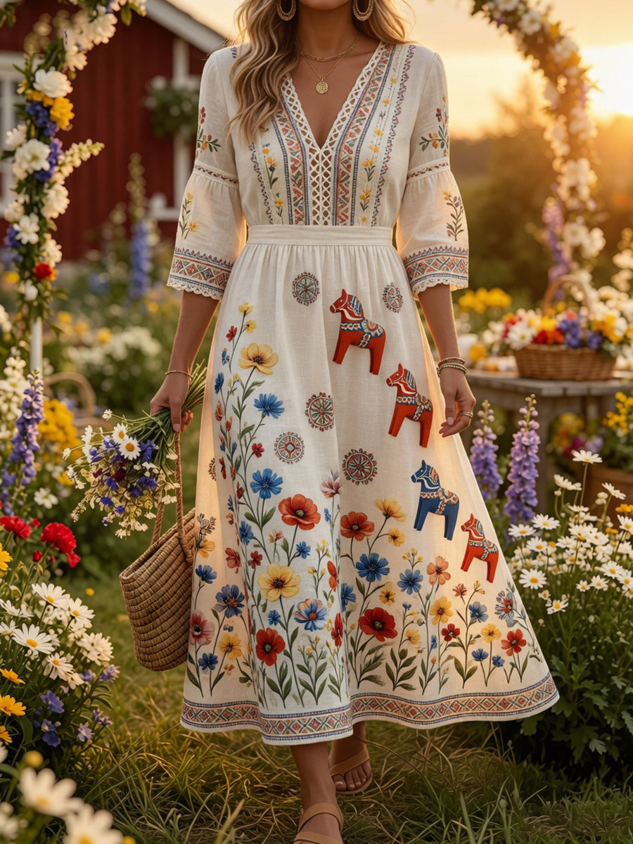 Retro Midsummer Festival Art Print Casual Dress