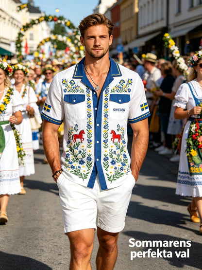 Men's cotton-linen shirt with midsummer floral pattern