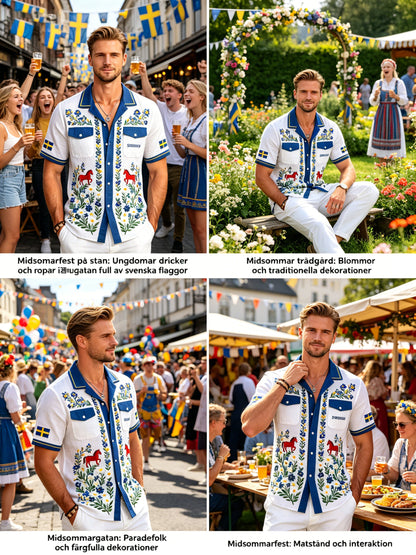 Men's cotton-linen shirt with midsummer floral pattern