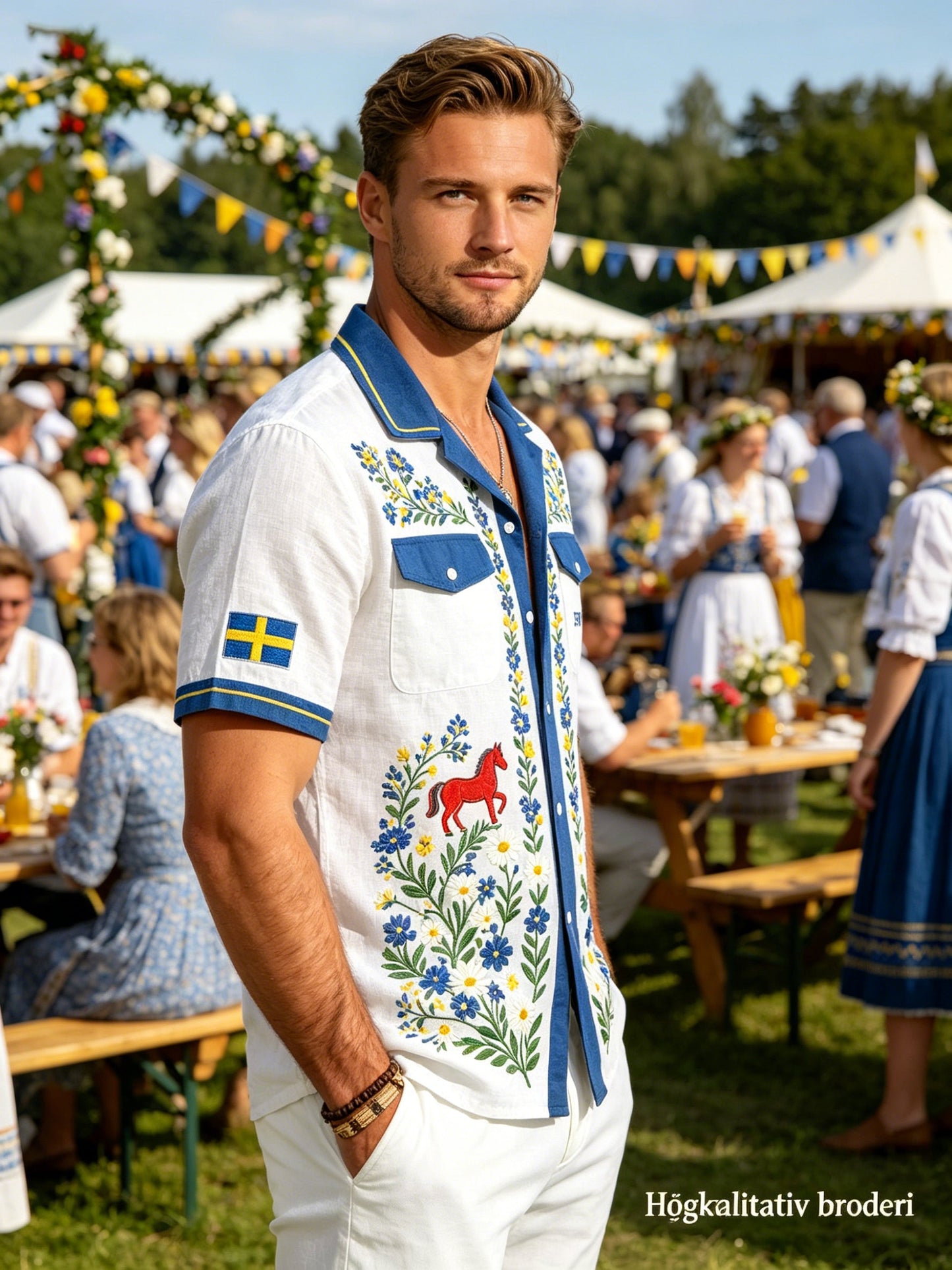 Men's cotton-linen shirt with midsummer floral pattern