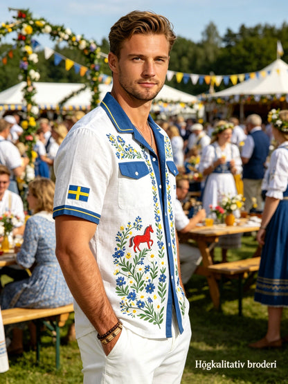 Men's cotton-linen shirt with midsummer floral pattern