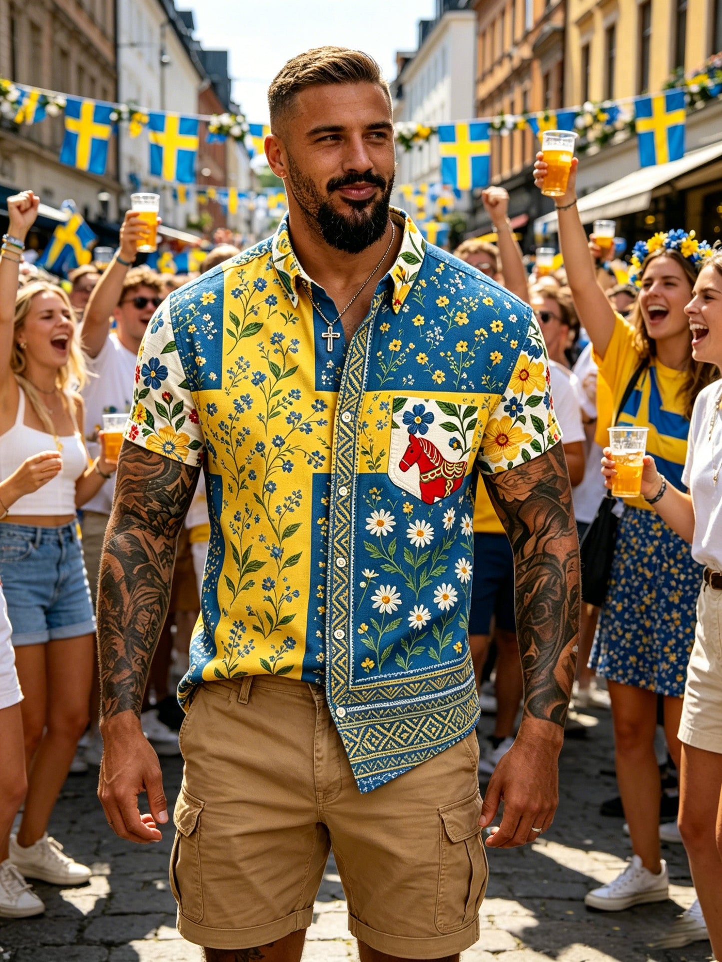 Herrtröja med korta ärmar och konstprint som hyllar den svenska midsommarfesten