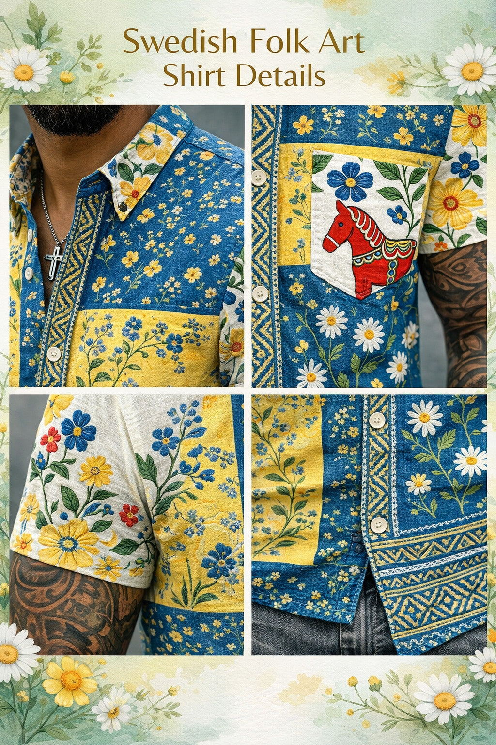Herrtröja med korta ärmar och konstprint som hyllar den svenska midsommarfesten