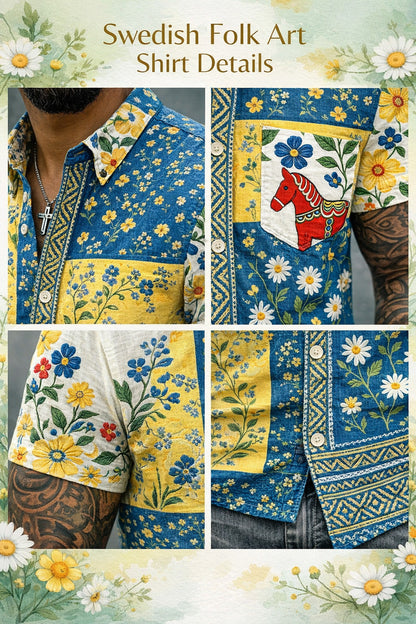 Herrtröja med korta ärmar och konstprint som hyllar den svenska midsommarfesten