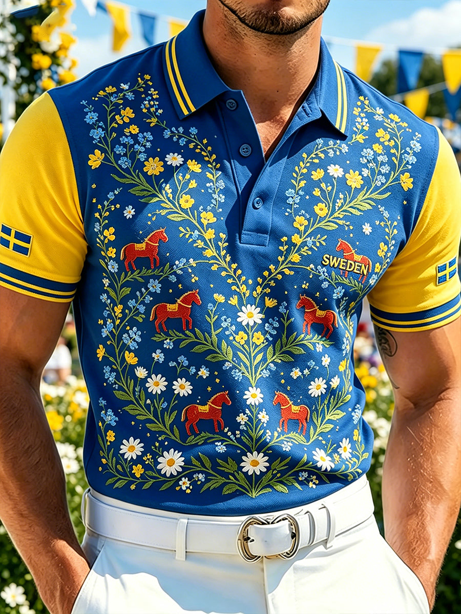 Herrpolskjorta med midsommarblommönster