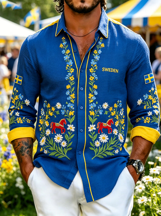 Men's long-sleeved shirt with a midsummer floral pattern and waffle texture