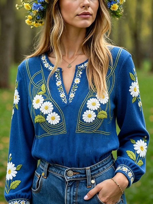 Women's Sweden Floral Print Linen Casual Tops