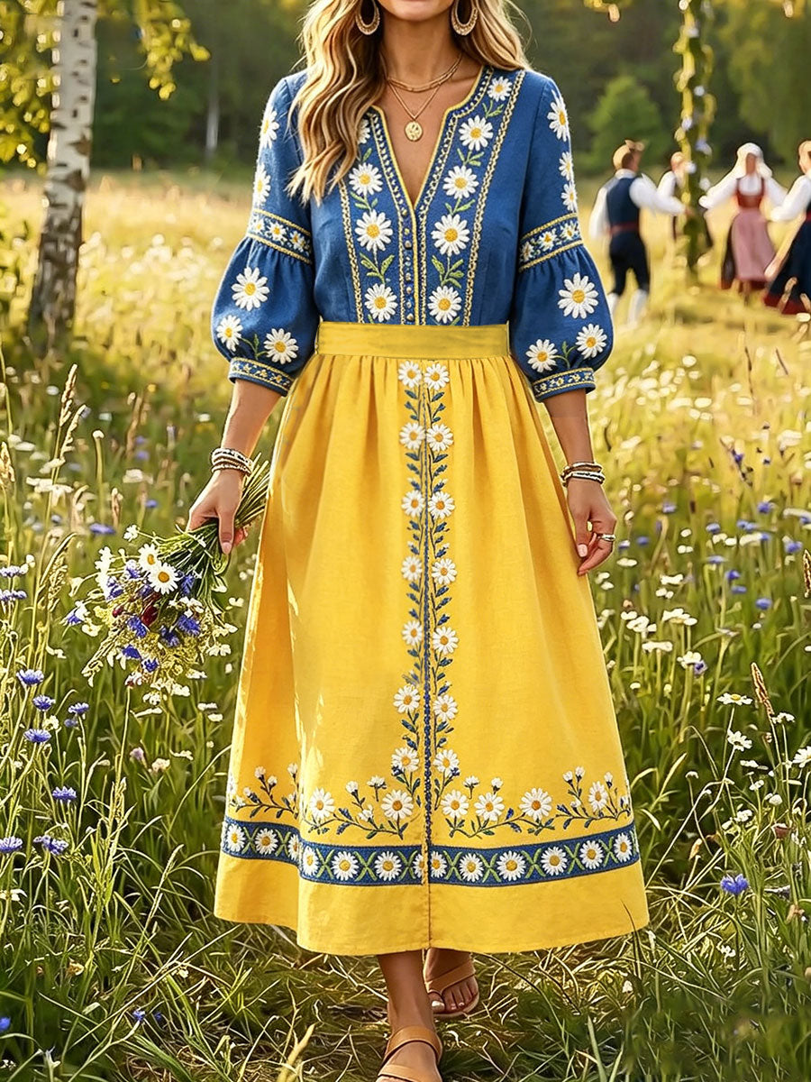 Women's Sweden Floral Art Printed Linen Dresses.