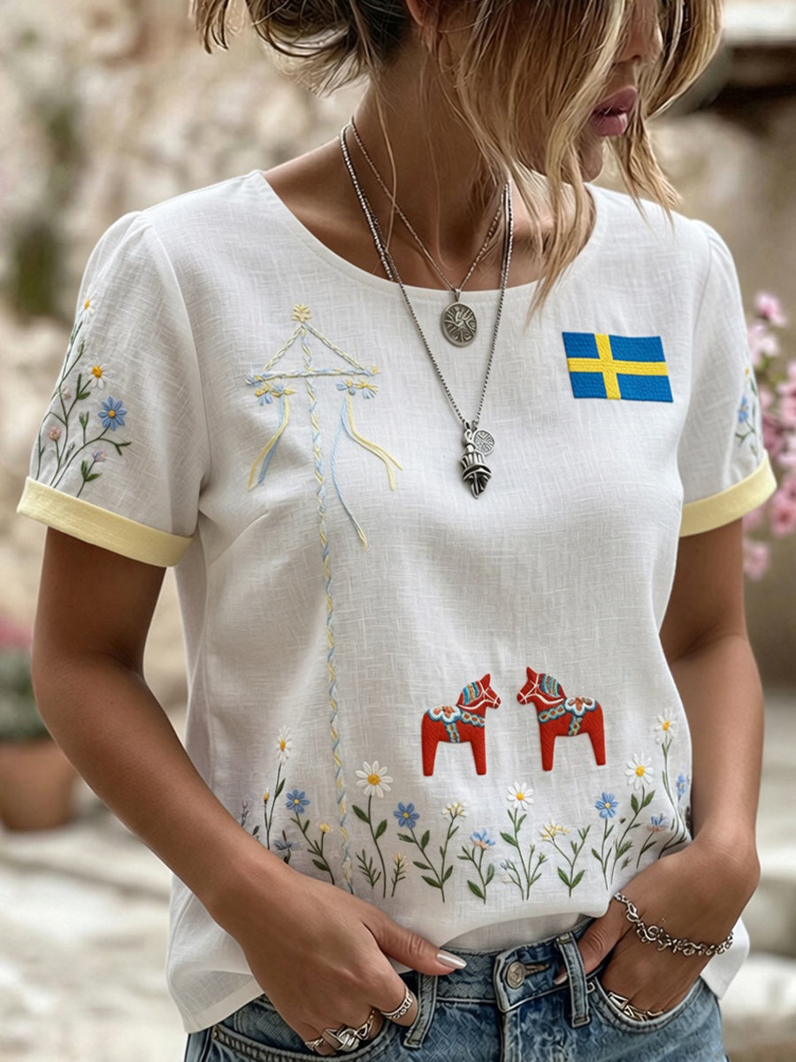 Retro Midsummer Festival Art Print Casual T-shirt