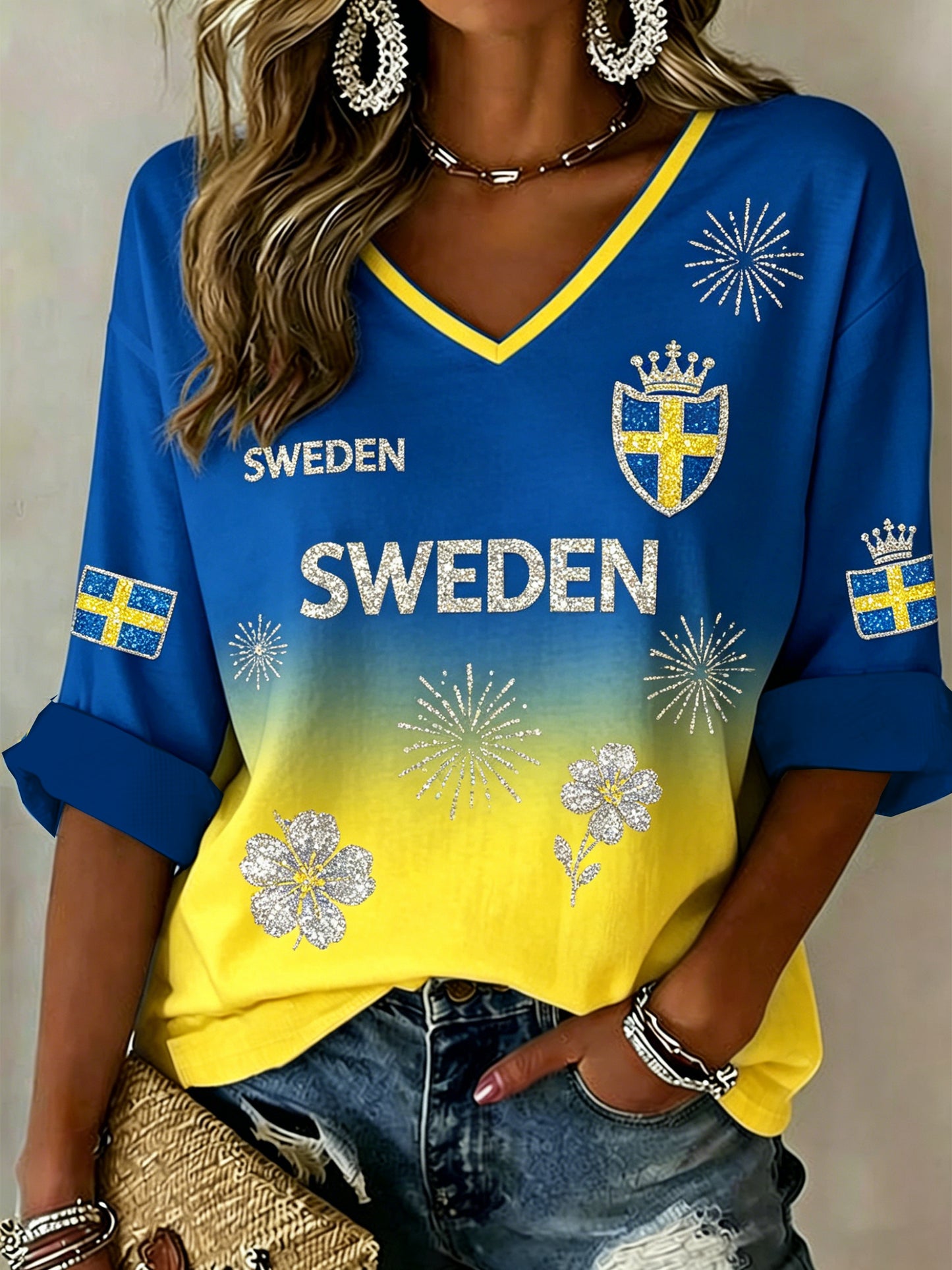 Women's National Day Themed V-Neck Top with Gradient Pearl Dot Pattern