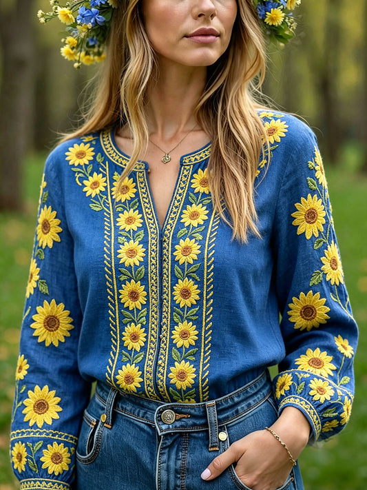 Women's Swedish Floral Print Linen Casual Tops