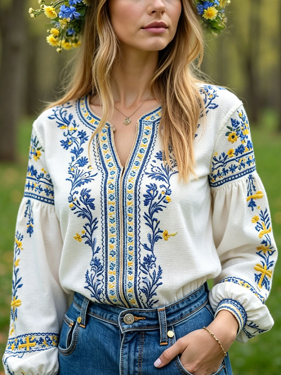 Kvinnors Sverige Floral Art Printed Lin Casual Tops