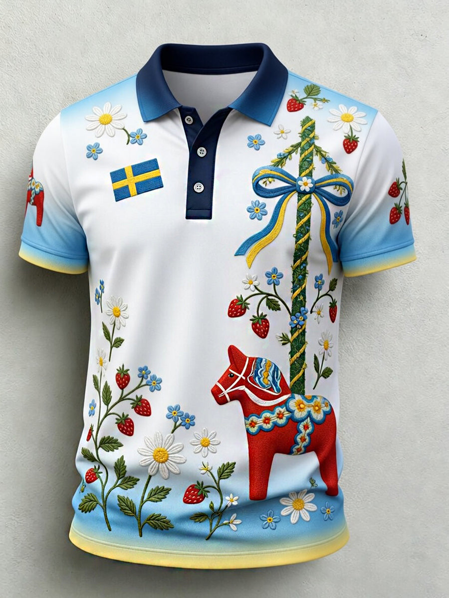 Retro Midsummer Party Art Print Casual Polo Shirt