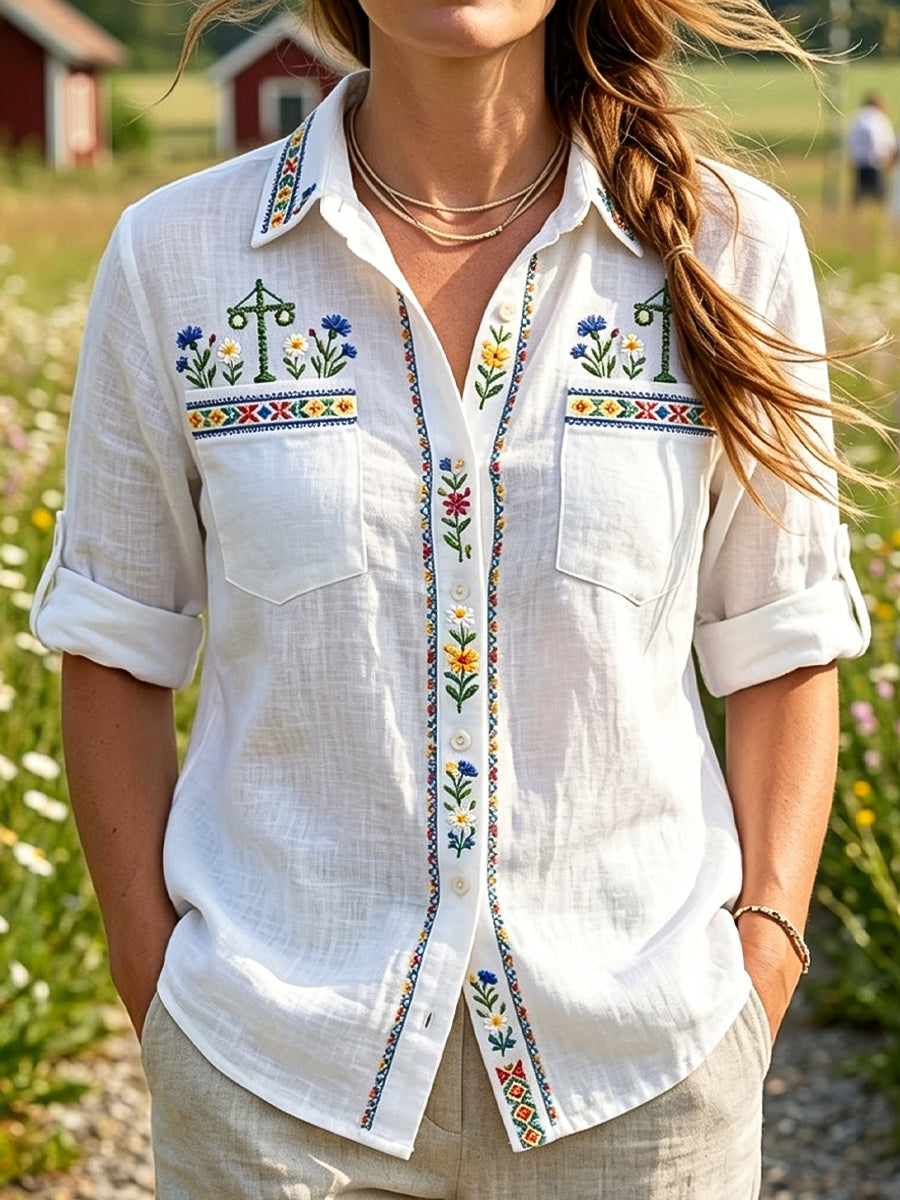 Dams retro svensk midsommarblommig casual skjorta