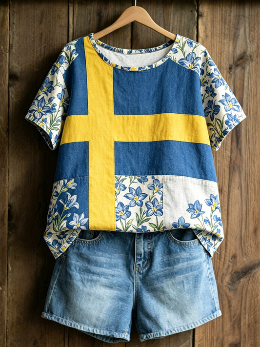 Women's knitted sweater with Swedish text about plants and flowers, relaxed style