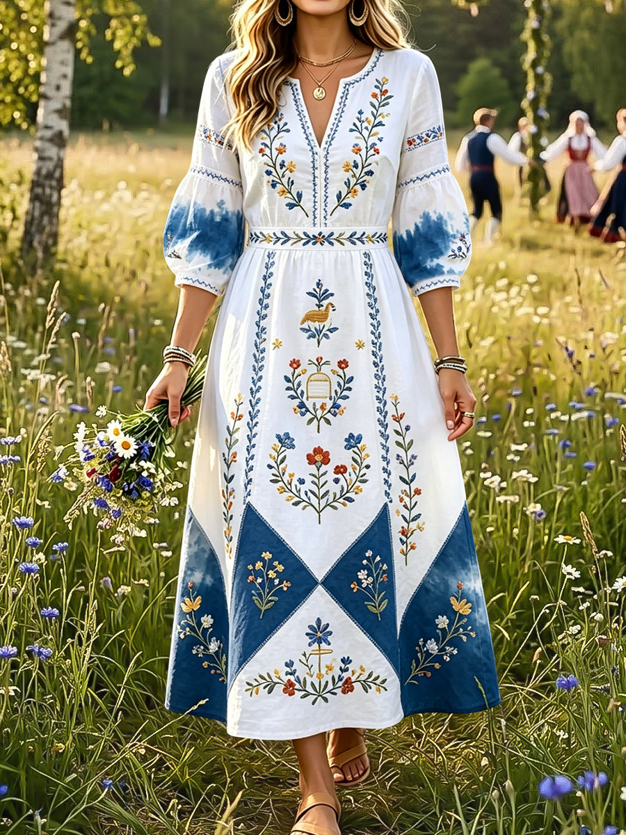 Dams Retro Midsommar Blommig Strykningsfärg Patchwork Konst V-Ärm Klänning