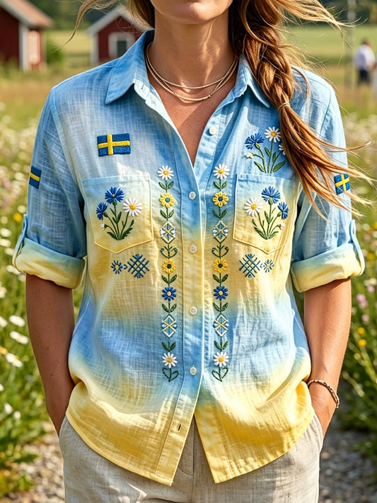 Women's retro Swedish midsummer floral tie-dyed casual shirt