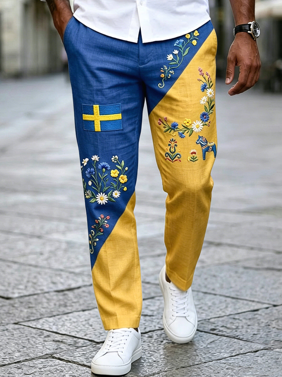 Men's retro-style trousers with Swedish midsummer wreath pattern, made of cotton-linen, casual-friendly