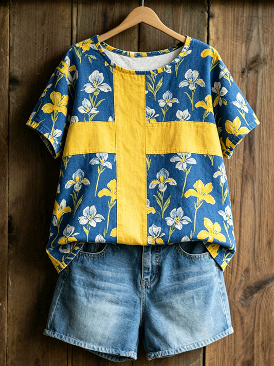 Women's knitted sweater with Swedish text about plants and flowers, relaxed style