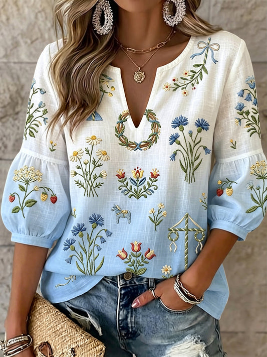 Ladies Retro Midsummer Floral Graduated Art V-Neck Top