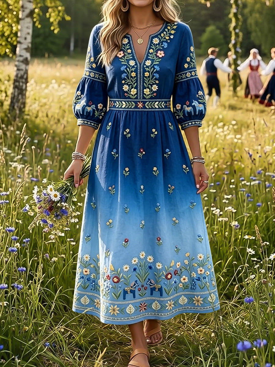 Dams Retro Svensk Midsommar Blommig Färgförändrande Konst V-Ärm Klänning