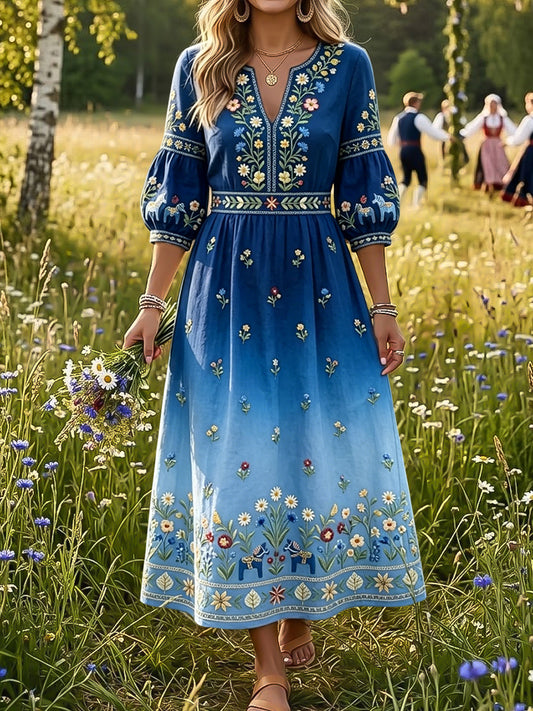 Women's Retro Swedish Midsummer Floral Color-Changing Art V-Neck Sleeve Dress