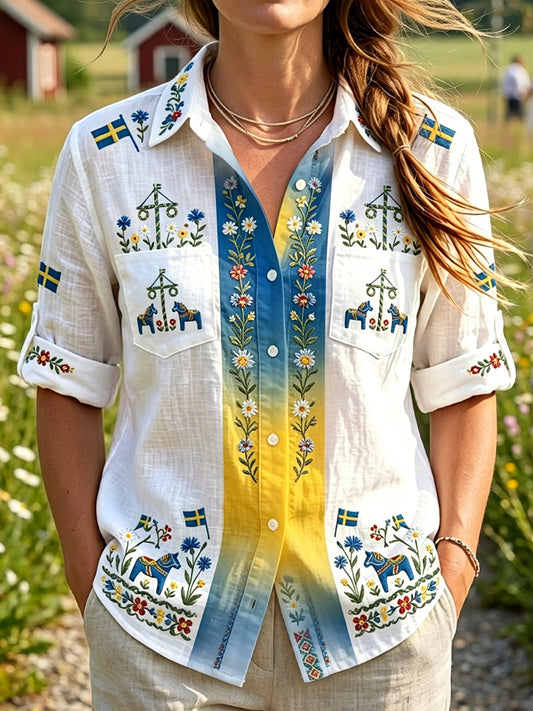 Women's Vintage Swedish Midsummer Floral Art Long Sleeve Casual Blouse