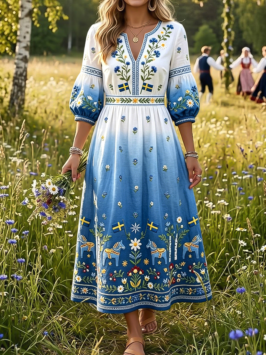 Women's Retro Midsummer Floral Carousel Color-Changing Art V-Sleeve Dress