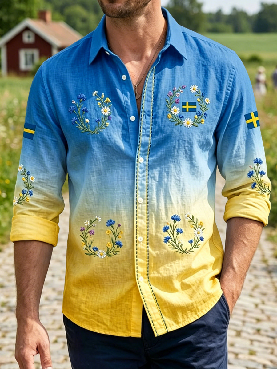 Herrvintage svensk midsommarkransgraderad avslappnad skjorta
