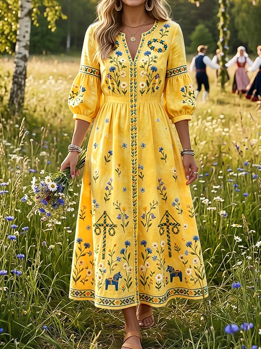 Dams vintage svensk midsommar blommig karusellkonst V-ringad klänning