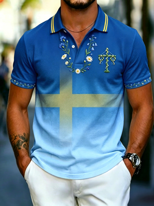 Men's retro Swedish midsummer striped gradient casual polo shirt