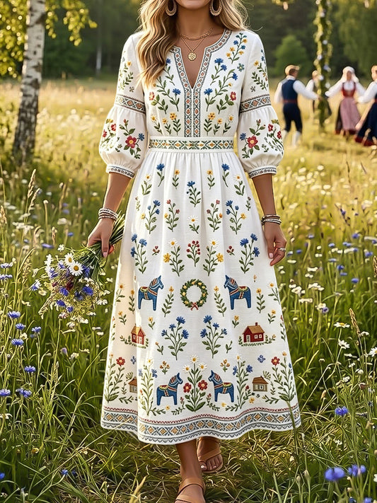 Women's vintage style dress from Sweden with midsummer floral pattern and V-neck