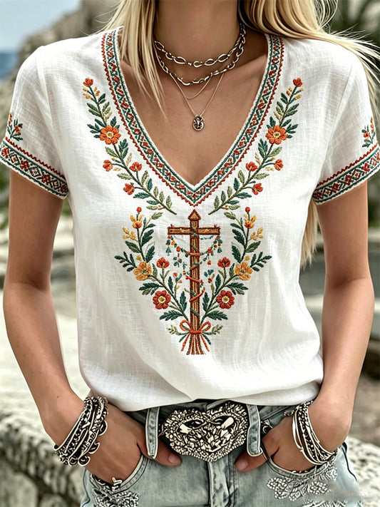 Women's casual V-neck T-shirt with midsummer print