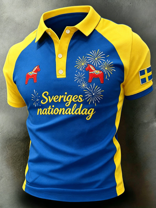 Herrpolotröja med konsttryck – Svensk midsommarfest
