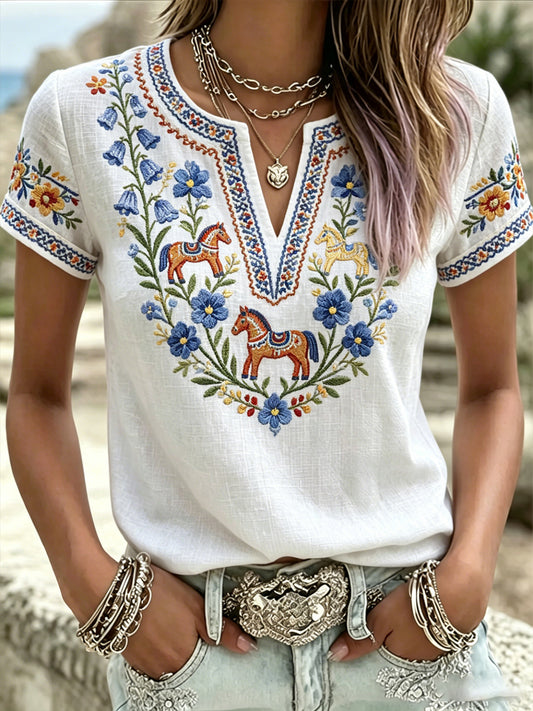 Women's Swedish Midsummer Print V-Neck Relaxed T-Shirt