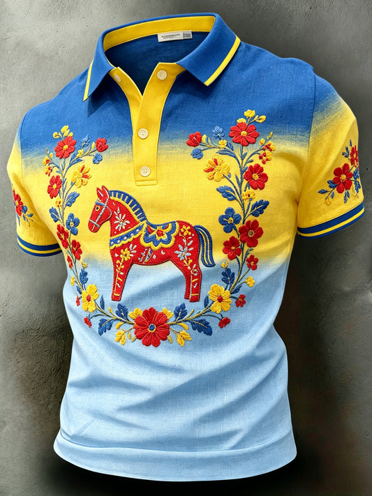 Herrpolotröja med konsttryck – Svensk midsommarfest