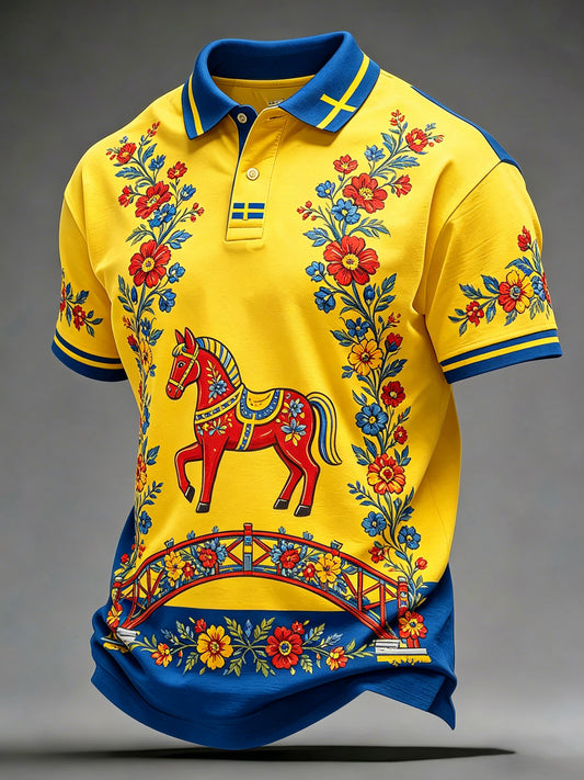 Herrpolotröja med konsttryck – Svensk midsommarfest