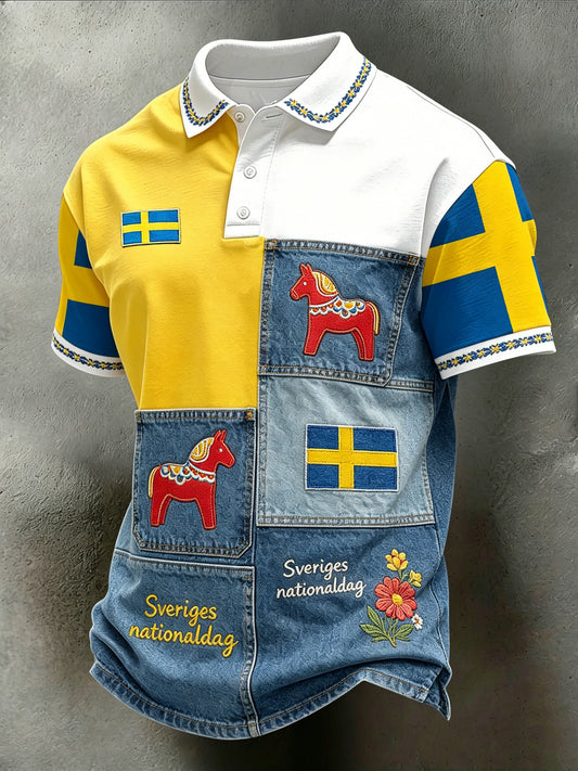 Herrpolotröja med konsttryck – Svensk midsommarfest