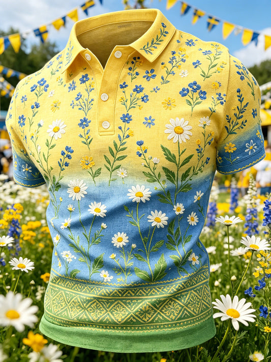 Herrpolotröja med konsttryck – Svensk midsommarfest