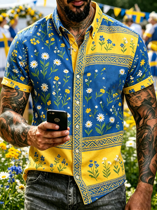 Herrtröja med konsttryck – Svensk midsommarfest – kortärmad