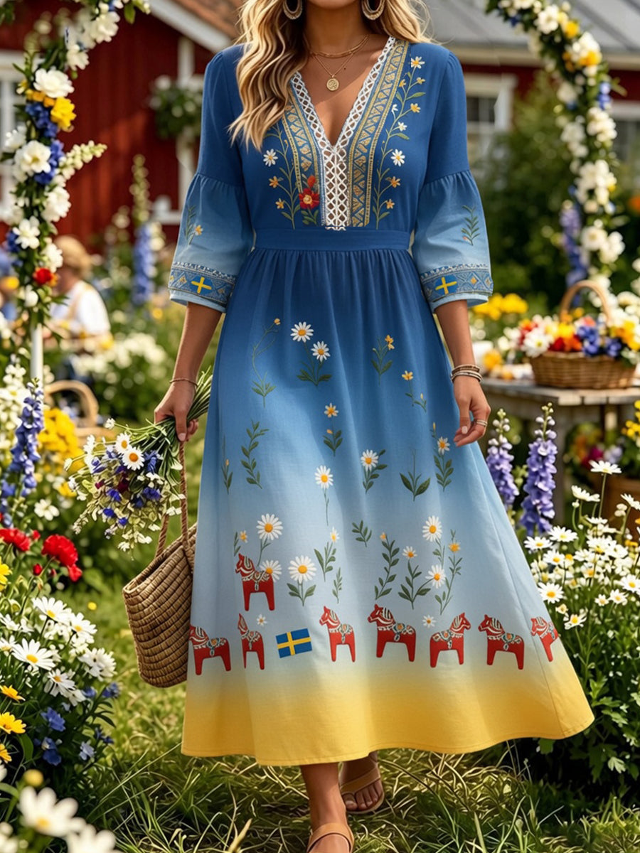 Retro midsommarfest konsttryck avslappnad klänning