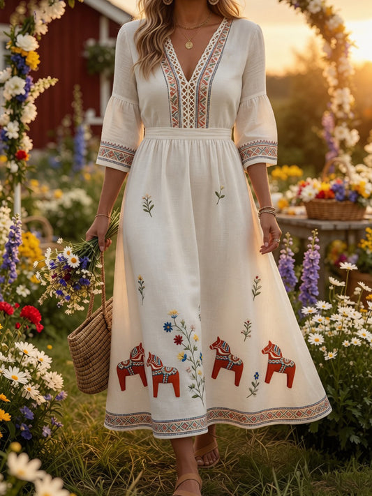 Retro Midsummer Festival Art Print Casual Dress