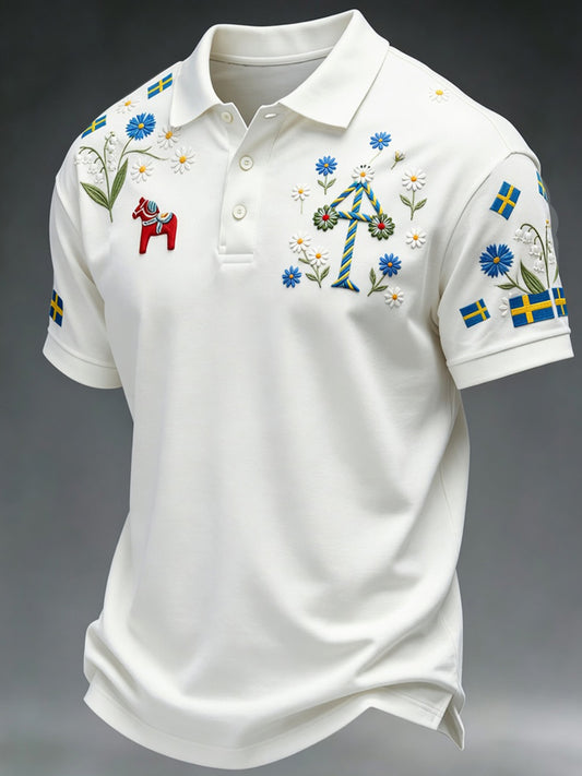 Retro Midsummer Party Art Print Polo Shirt - Relaxed and Comfortable