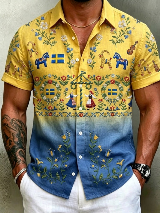 Men's retro Swedish Midsummer folk never-fading floral cotton-linen short-sleeved shirt