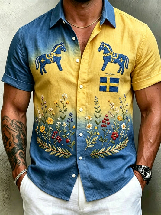 Men's retro Swedish Midsummer folk never-fading floral cotton-linen short-sleeved shirt