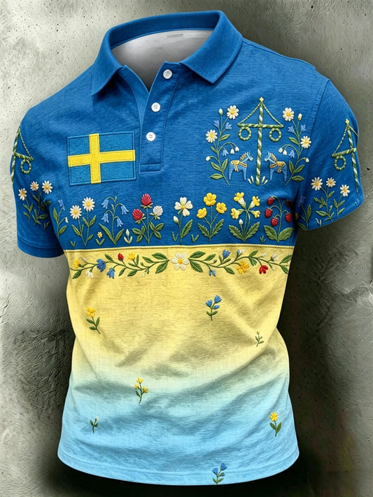 Men's retro Swedish midsummer folk never-out-of-style floral cotton-linen short-sleeved polo shirt
