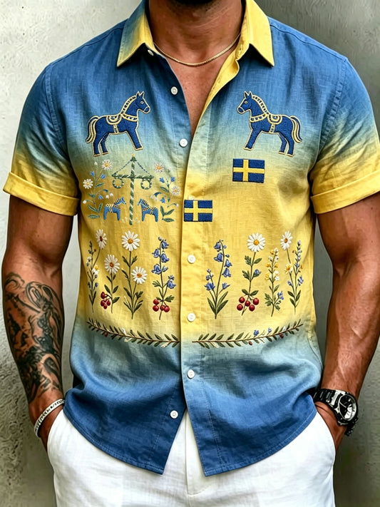 Men's retro Swedish Midsummer folk never-fading floral cotton-linen short-sleeved shirt