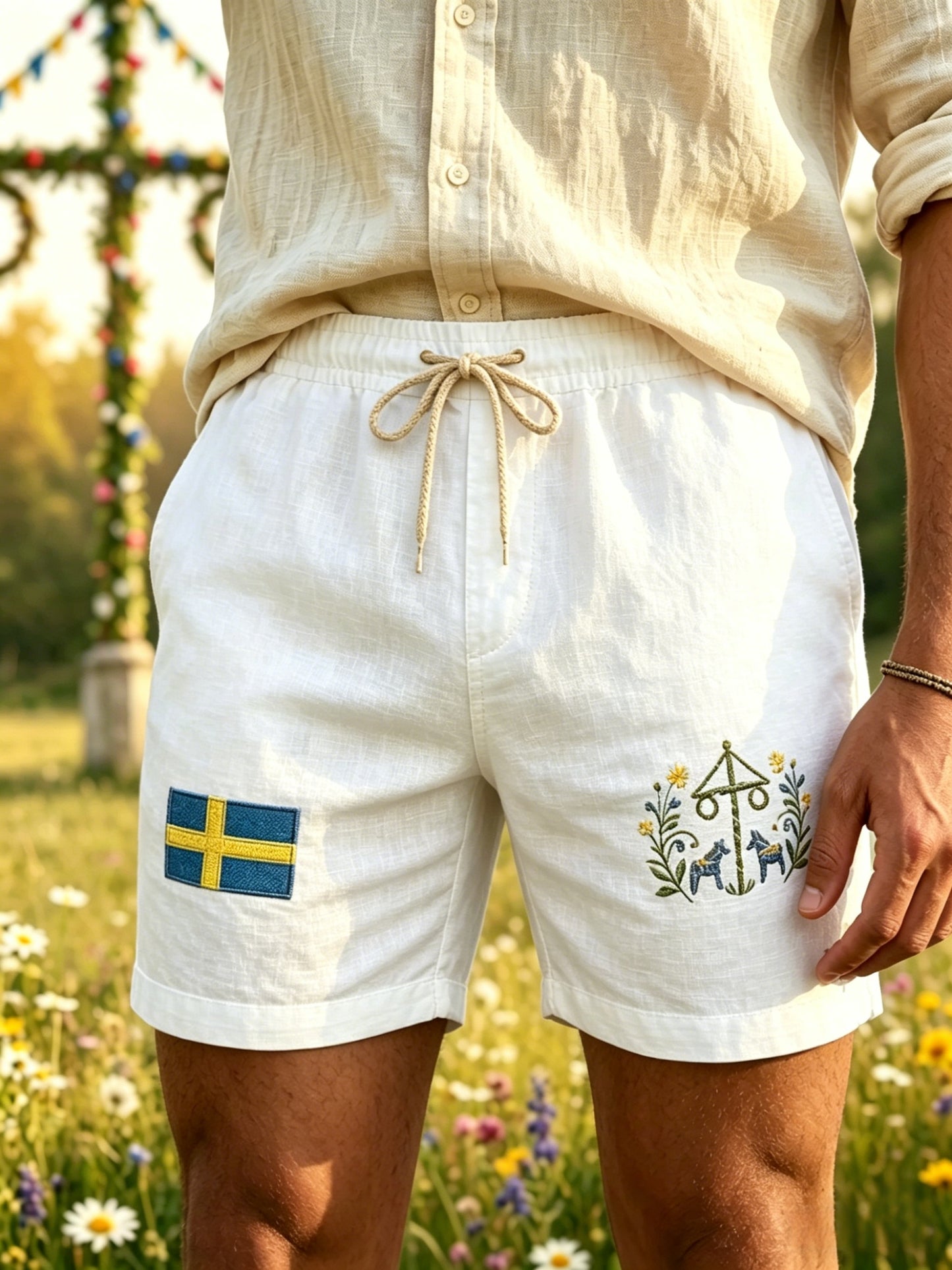 Men's Retro Swedish Midsummer Folk Floral Cotton-Linen Shorts